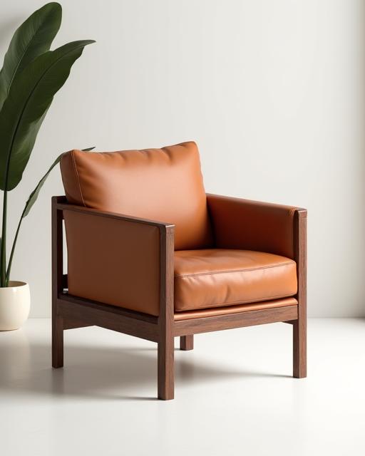 Cadeira de design moderno com assento em pele e estrutura de madeira.