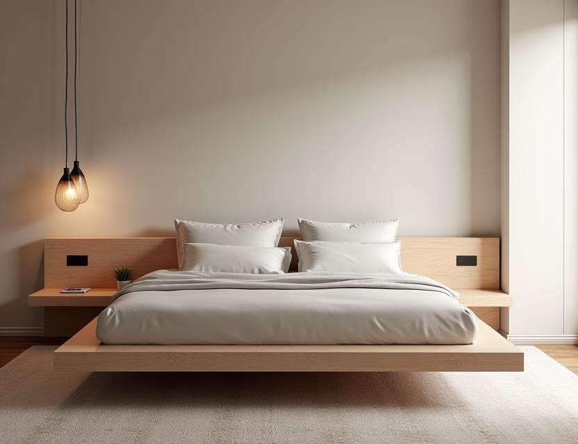 Cama de casal com estrado de efeito flutuante em madeira de freixo.