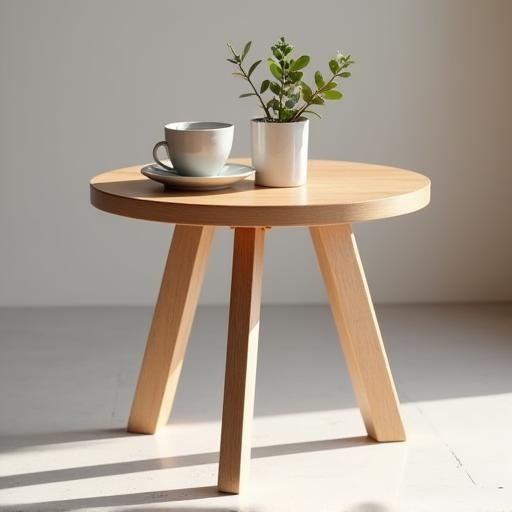 Mesa de apoio redonda com três pernas, ideal para sala de estar.