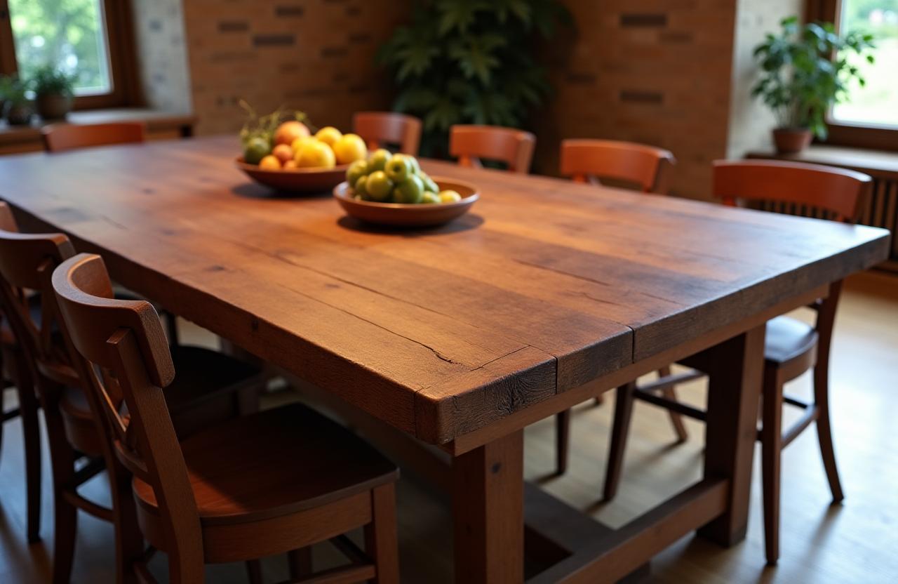 Mesa de jantar robusta em madeira de castanho para oito pessoas.