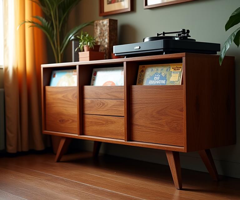 Móvel para discos de vinil com pernas inclinadas de estilo retro.